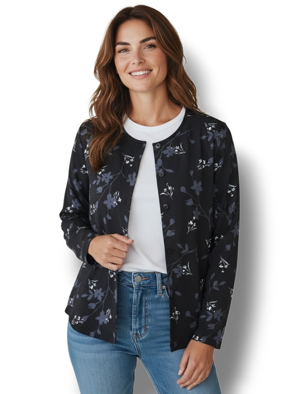 AGB Byer California Women’s Long Sleeve Floral Blouse Shacket Black/Slate Blue L